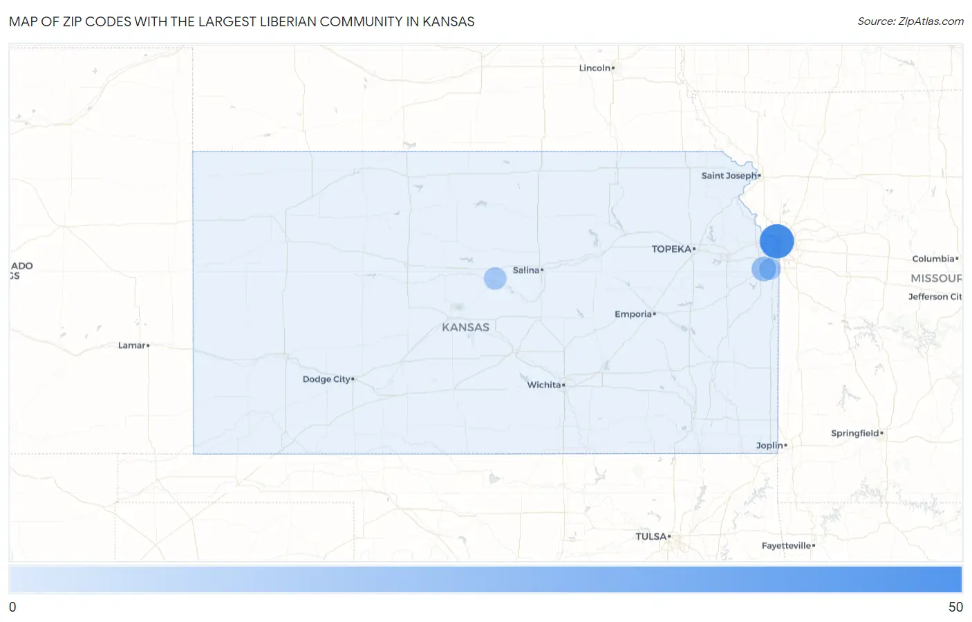 Zip Codes with the Largest Liberian Community in Kansas Map