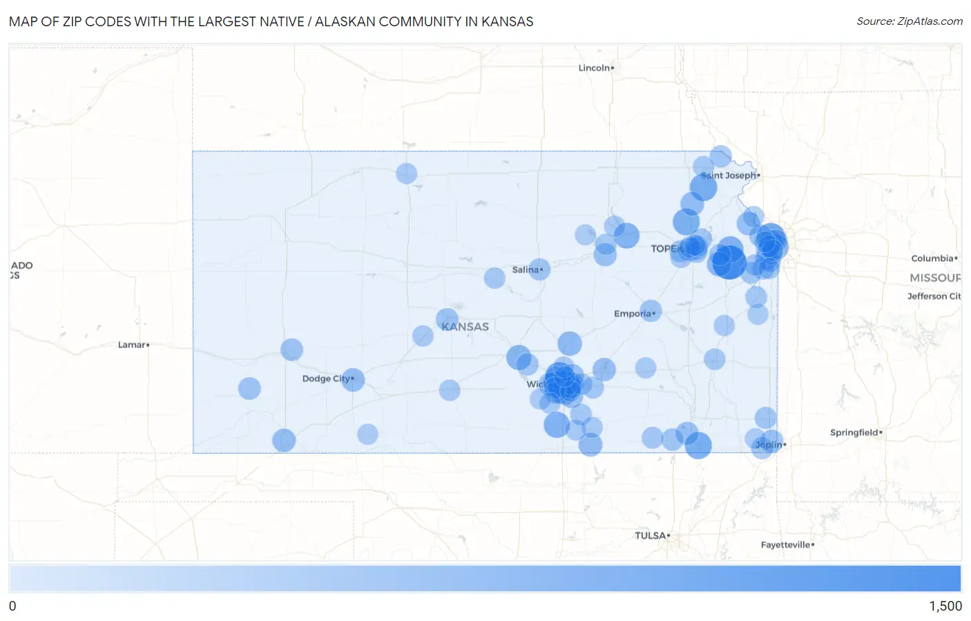 Zip Codes with the Largest Native / Alaskan Community in Kansas Map