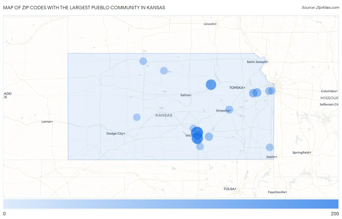 Zip Codes with the Largest Pueblo Community in Kansas Map