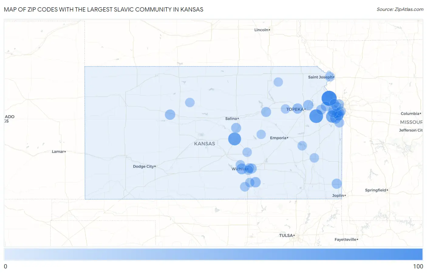 Zip Codes with the Largest Slavic Community in Kansas Map