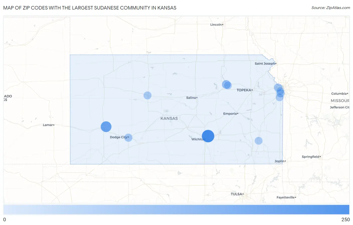 Zip Codes with the Largest Sudanese Community in Kansas Map