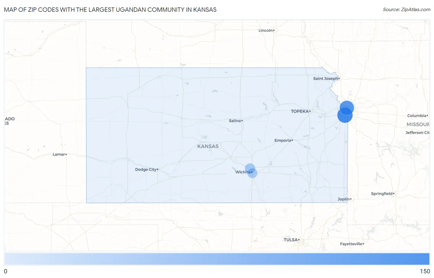 Zip Codes with the Largest Ugandan Community in Kansas Map