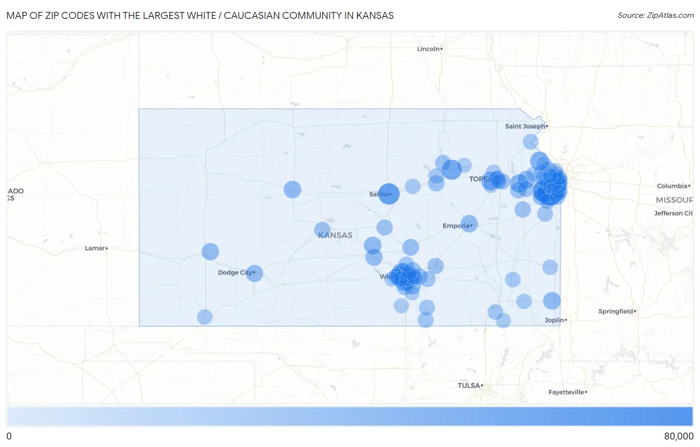 Zip Codes with the Largest White / Caucasian Community in Kansas Map