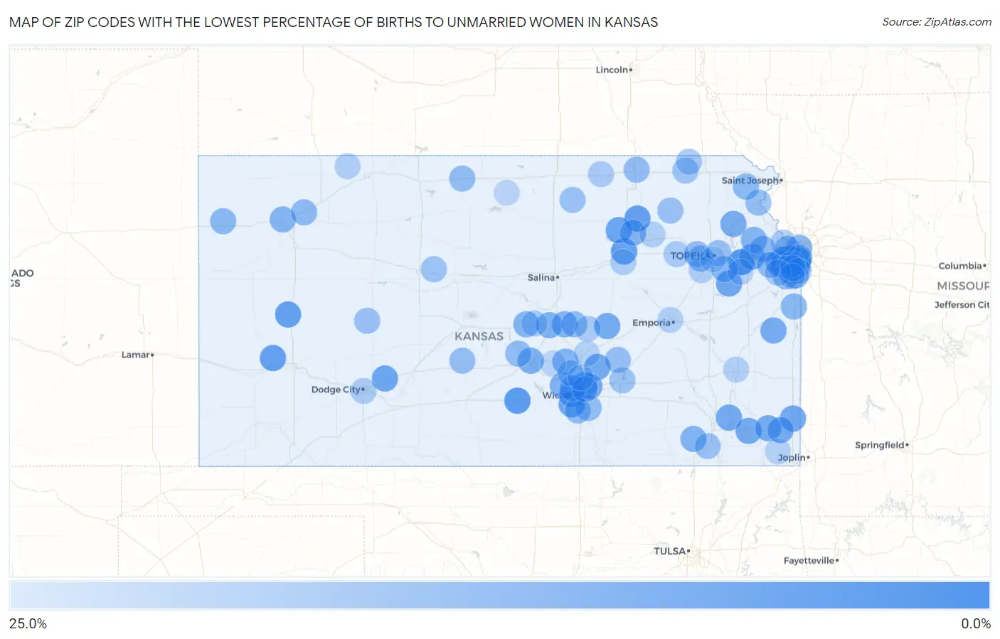 Zip Codes with the Lowest Percentage of Births to Unmarried Women in Kansas Map
