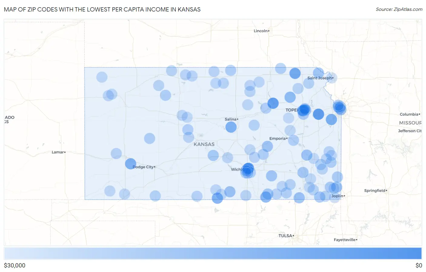 Zip Codes with the Lowest Per Capita Income in Kansas Map