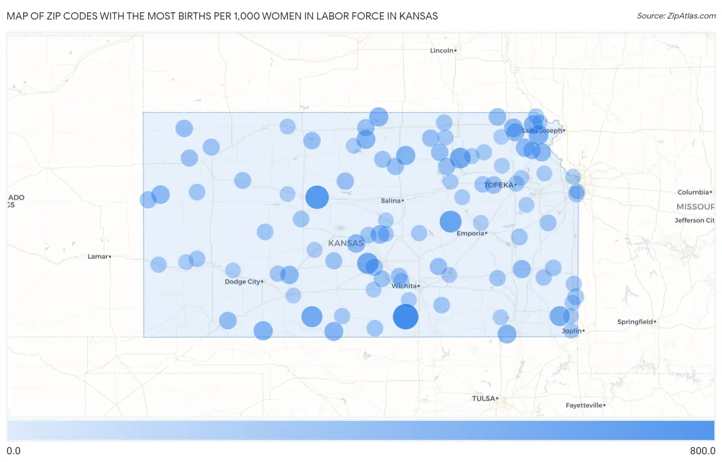 Zip Codes with the Most Births per 1,000 Women in Labor Force in Kansas Map