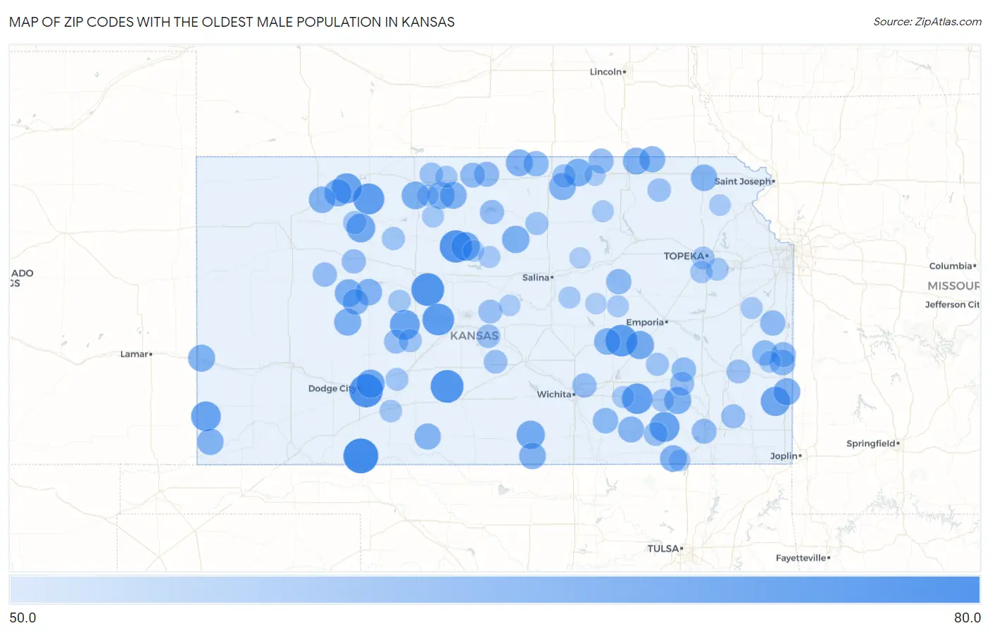 Zip Codes with the Oldest Male Population in Kansas Map