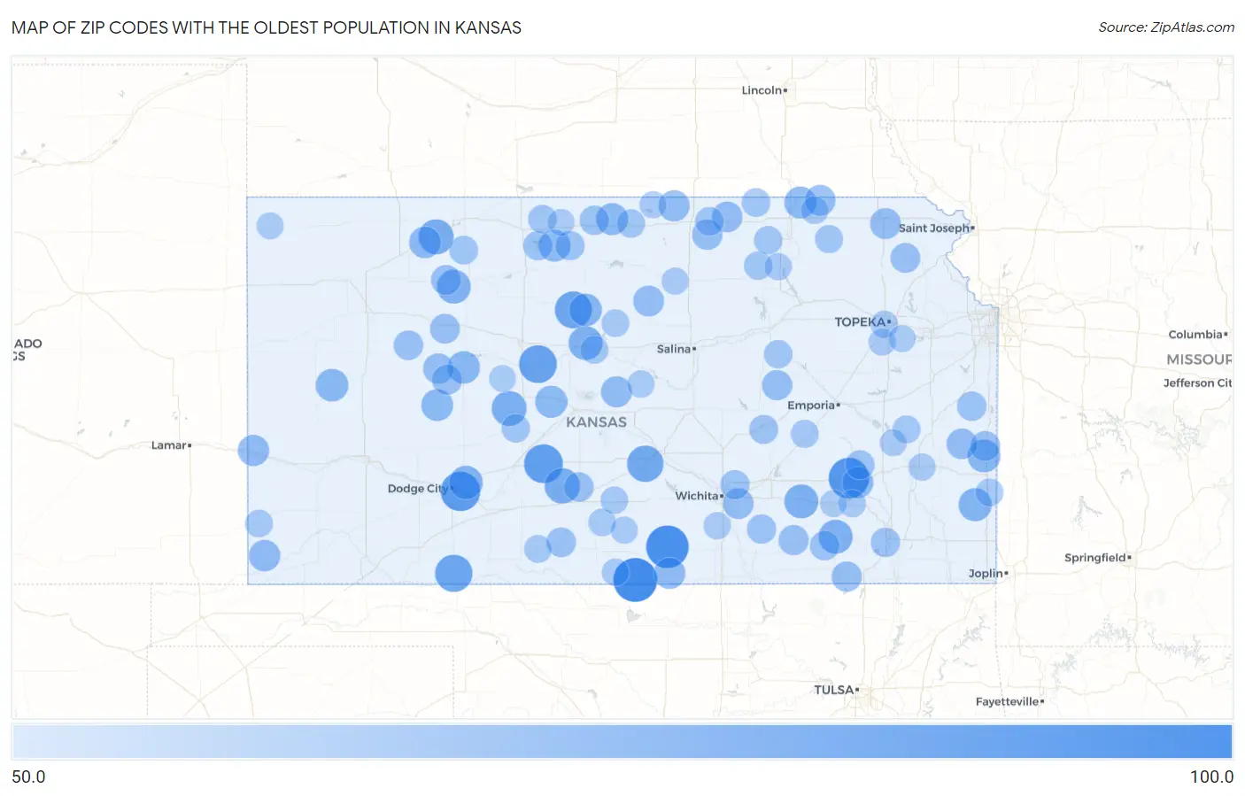 Zip Codes with the Oldest Population in Kansas Map