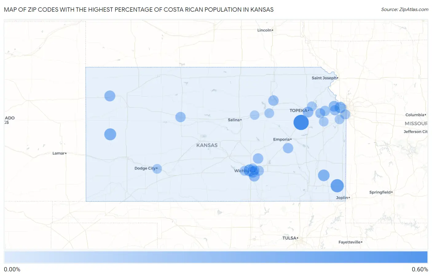 Zip Codes with the Highest Percentage of Costa Rican Population in Kansas Map
