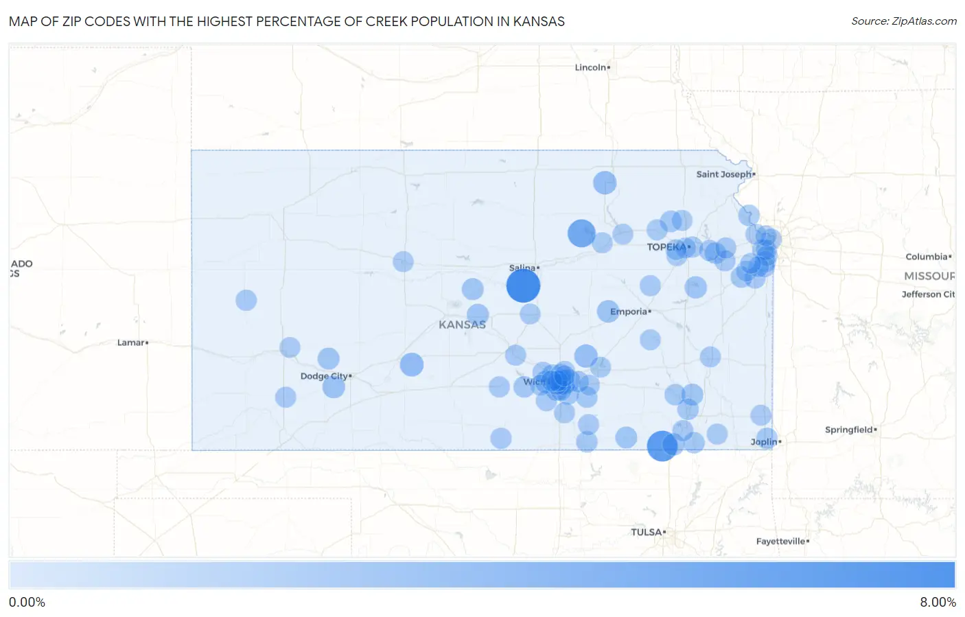 Zip Codes with the Highest Percentage of Creek Population in Kansas Map
