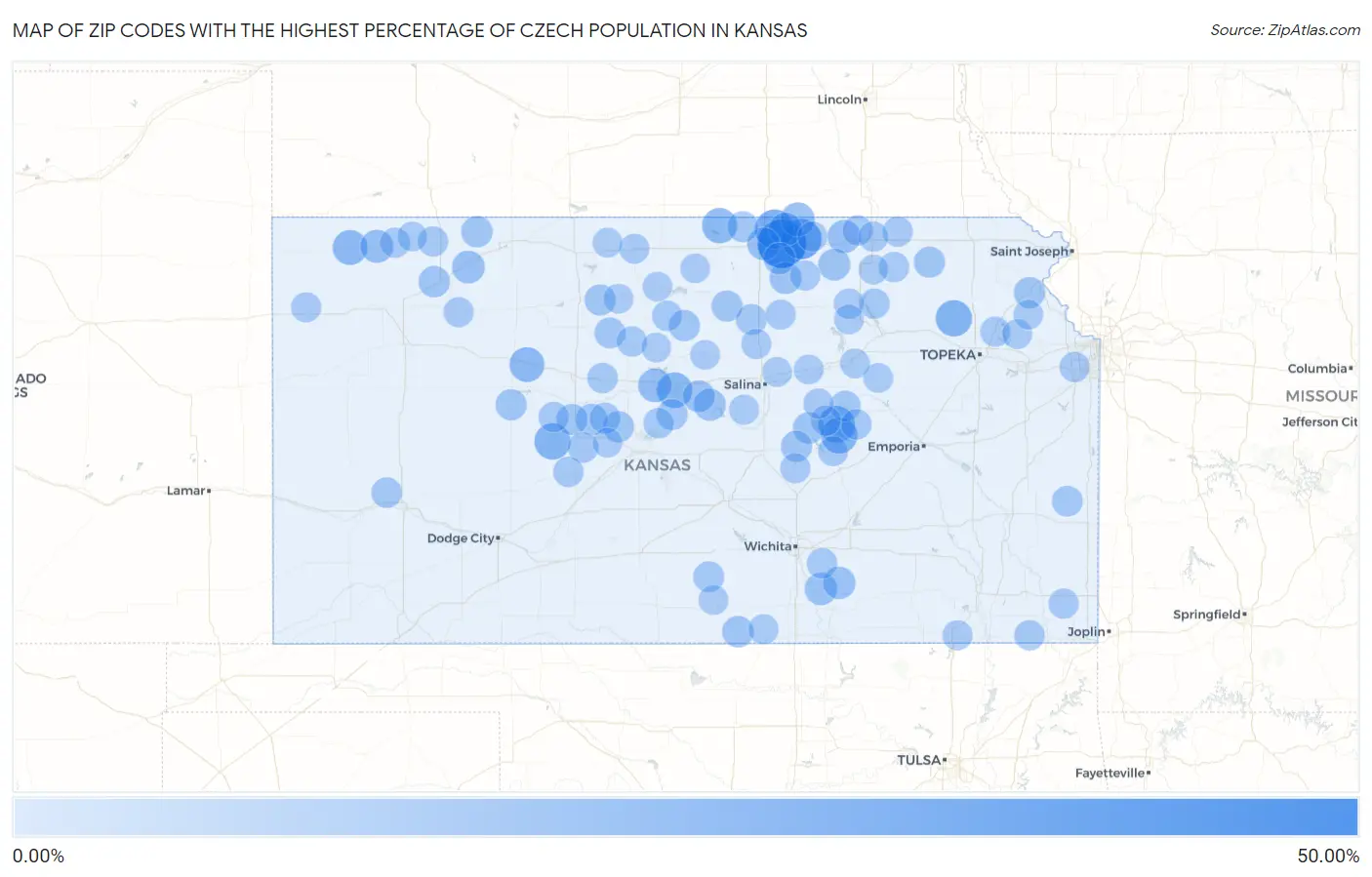 Zip Codes with the Highest Percentage of Czech Population in Kansas Map