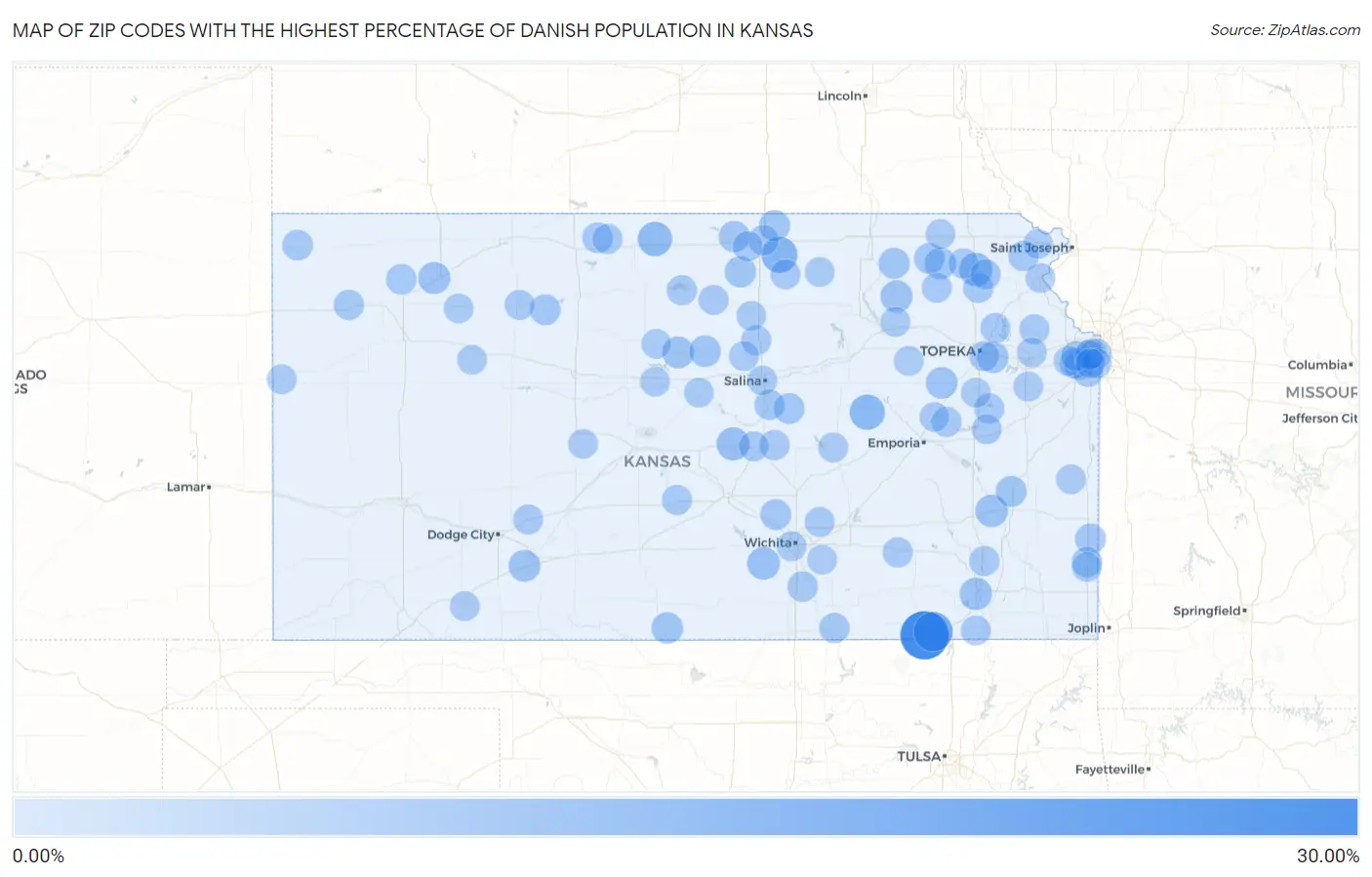 Zip Codes with the Highest Percentage of Danish Population in Kansas Map