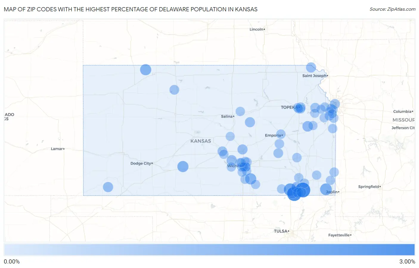 Zip Codes with the Highest Percentage of Delaware Population in Kansas Map