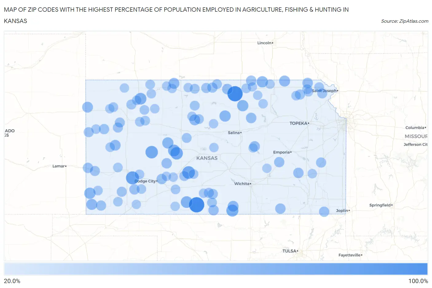 Zip Codes with the Highest Percentage of Population Employed in Agriculture, Fishing & Hunting in Kansas Map