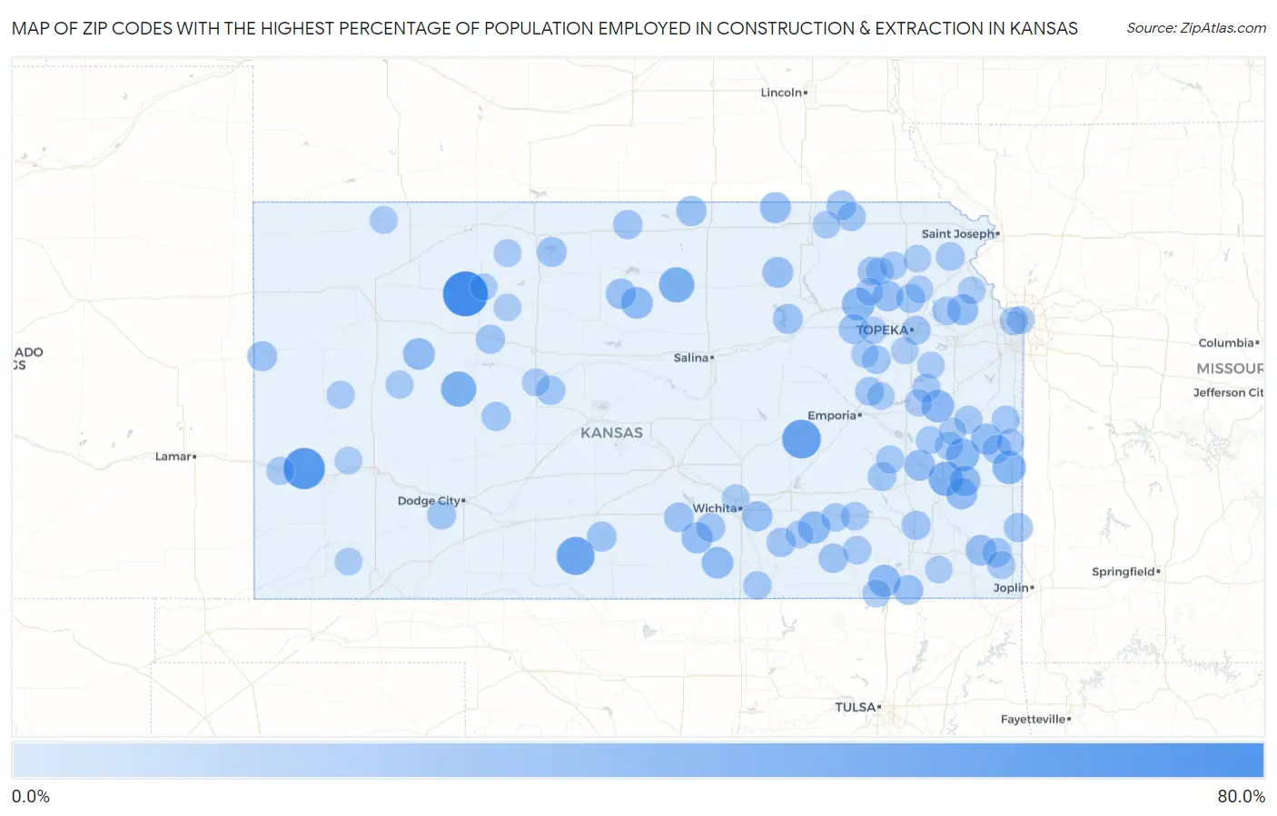 Zip Codes with the Highest Percentage of Population Employed in Construction & Extraction in Kansas Map