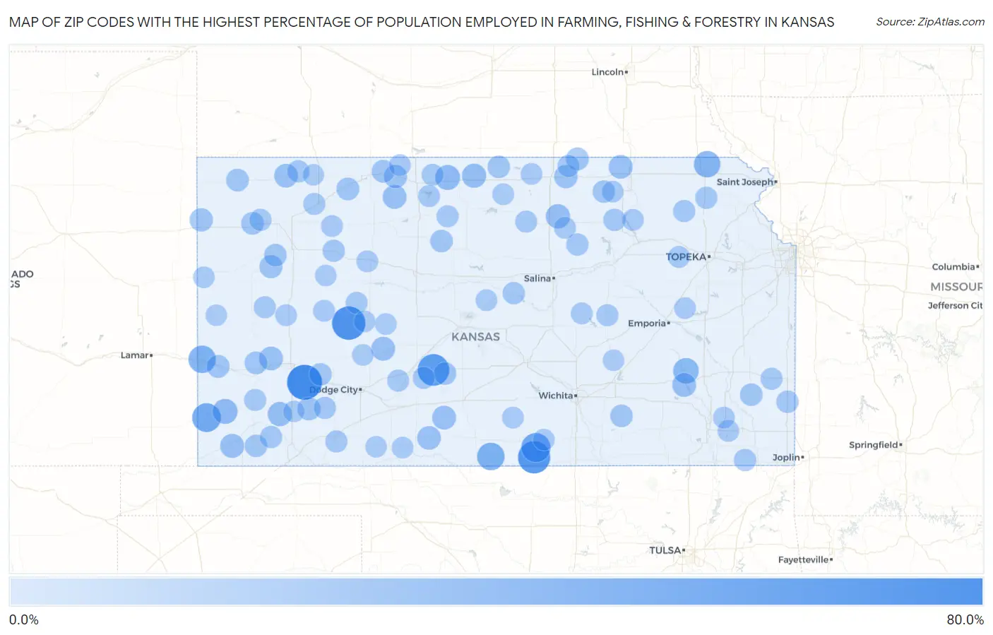 Zip Codes with the Highest Percentage of Population Employed in Farming, Fishing & Forestry in Kansas Map
