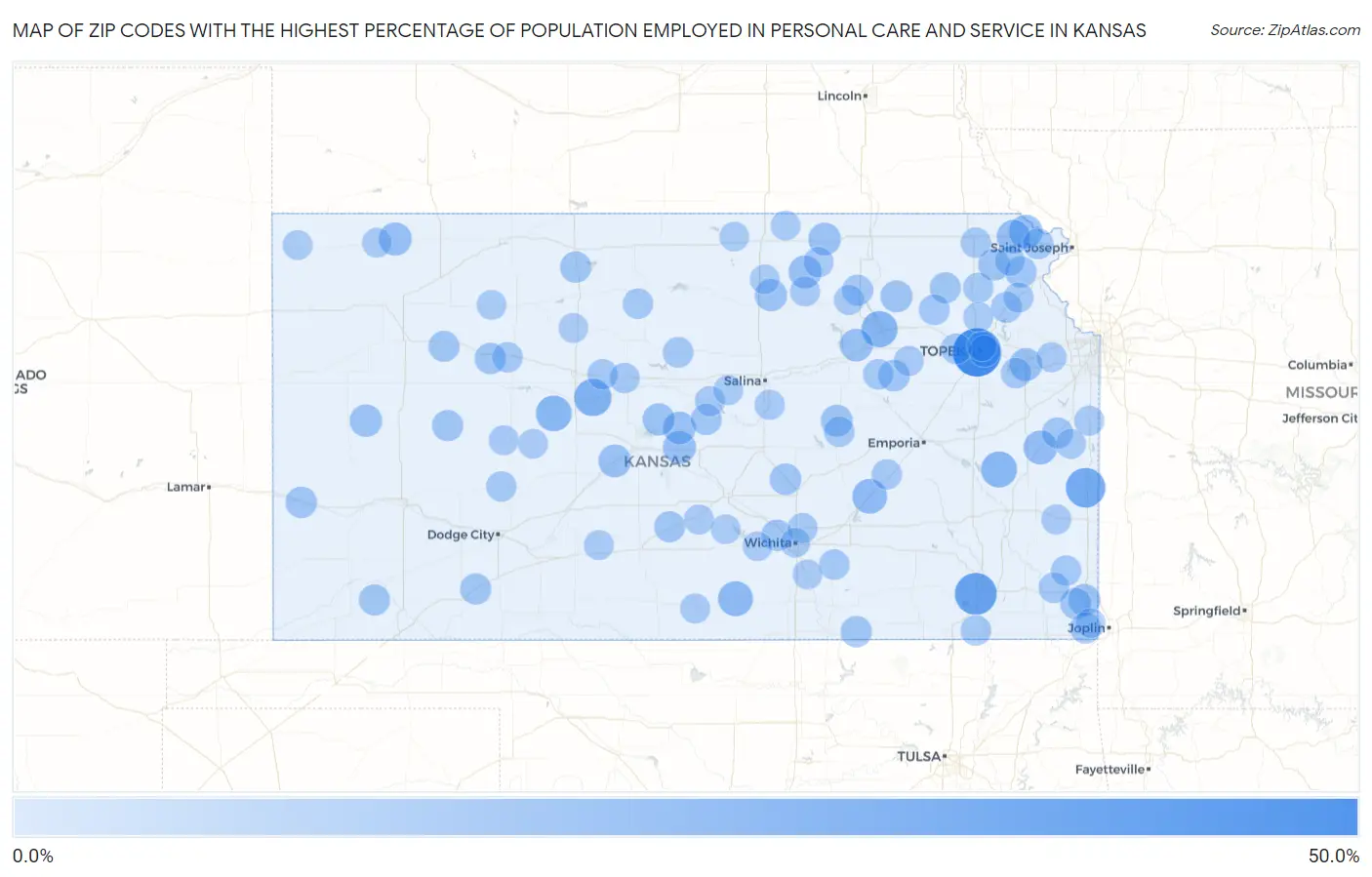 Zip Codes with the Highest Percentage of Population Employed in Personal Care and Service in Kansas Map