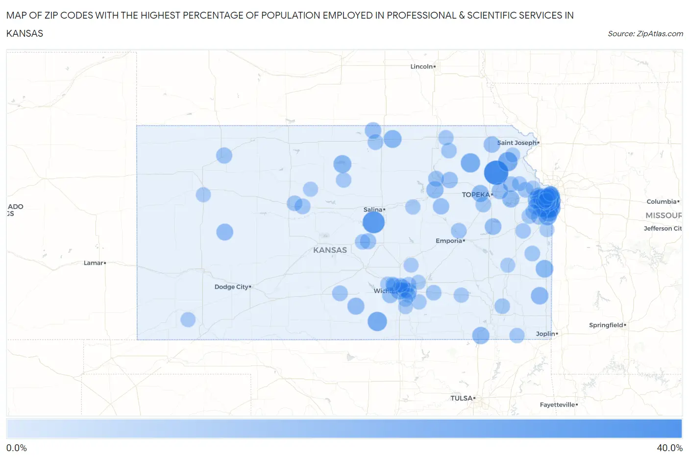 Zip Codes with the Highest Percentage of Population Employed in Professional & Scientific Services in Kansas Map