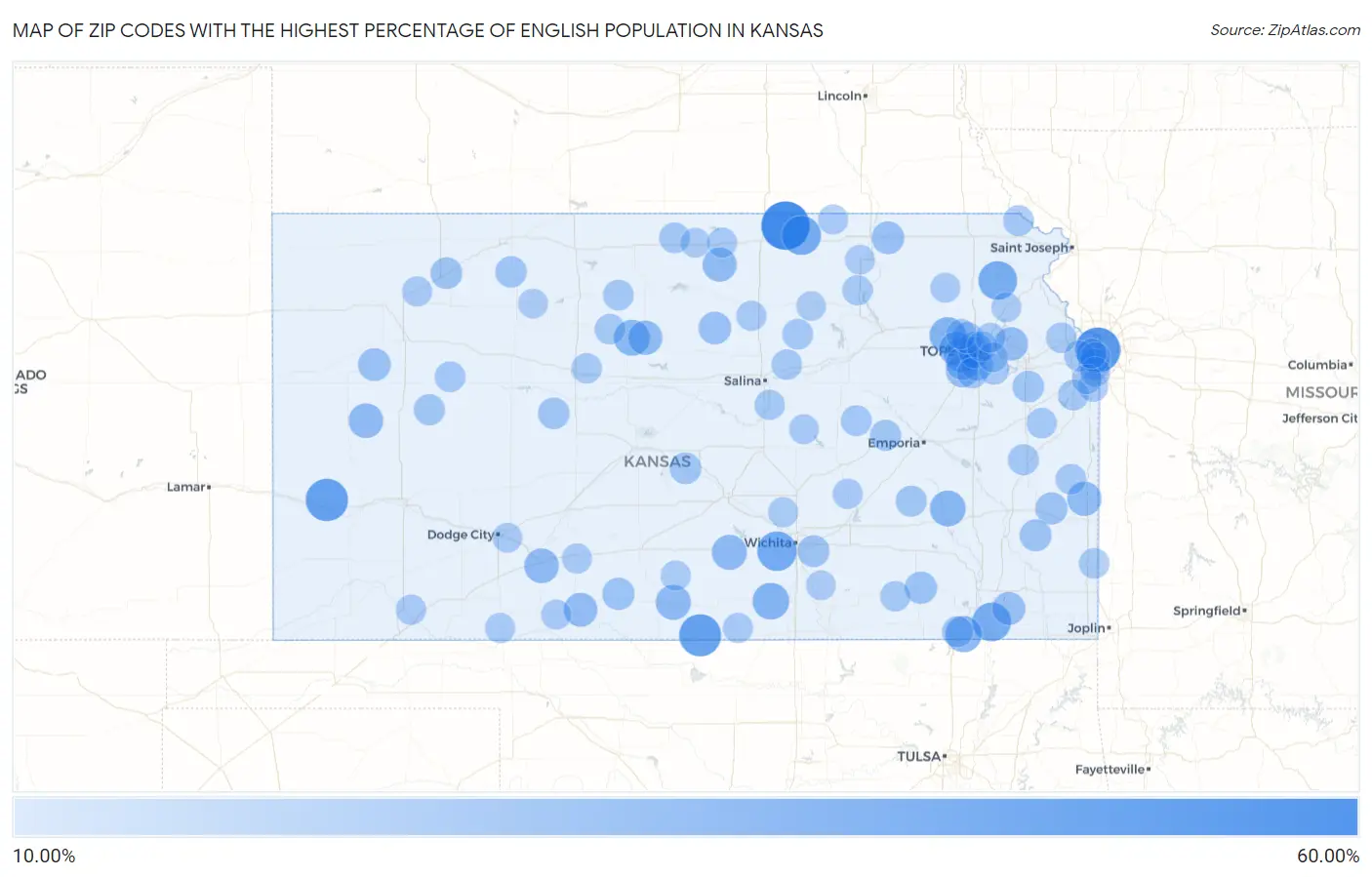 Zip Codes with the Highest Percentage of English Population in Kansas Map