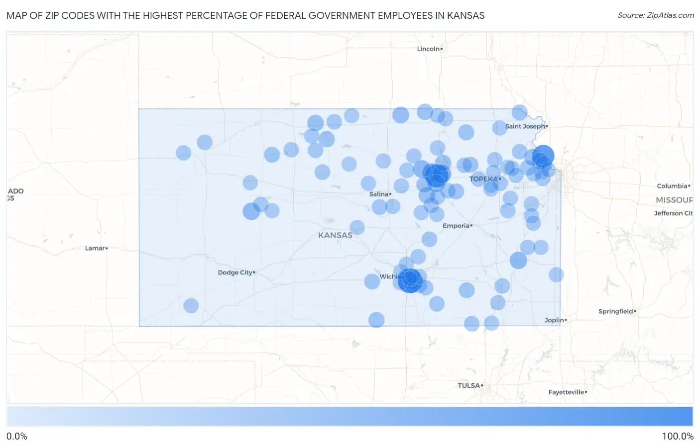 Zip Codes with the Highest Percentage of Federal Government Employees in Kansas Map