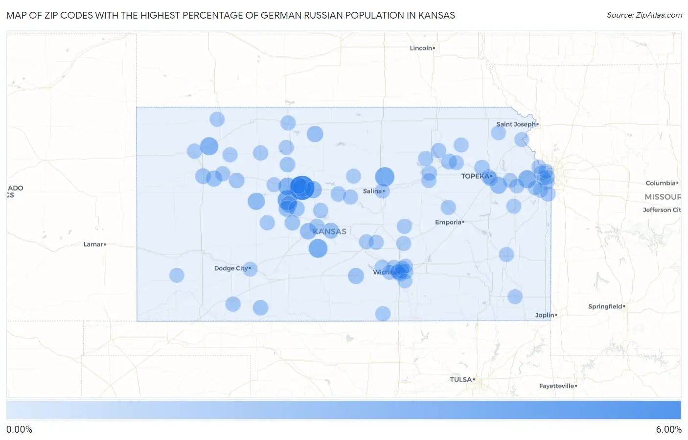 Zip Codes with the Highest Percentage of German Russian Population in Kansas Map