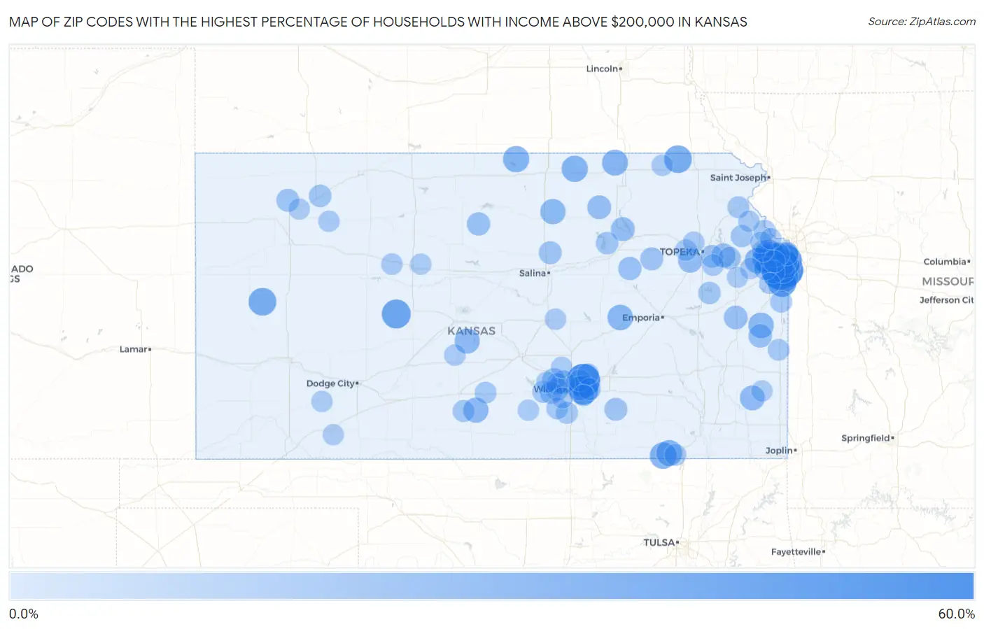 Zip Codes with the Highest Percentage of Households with Income Above $200,000 in Kansas Map