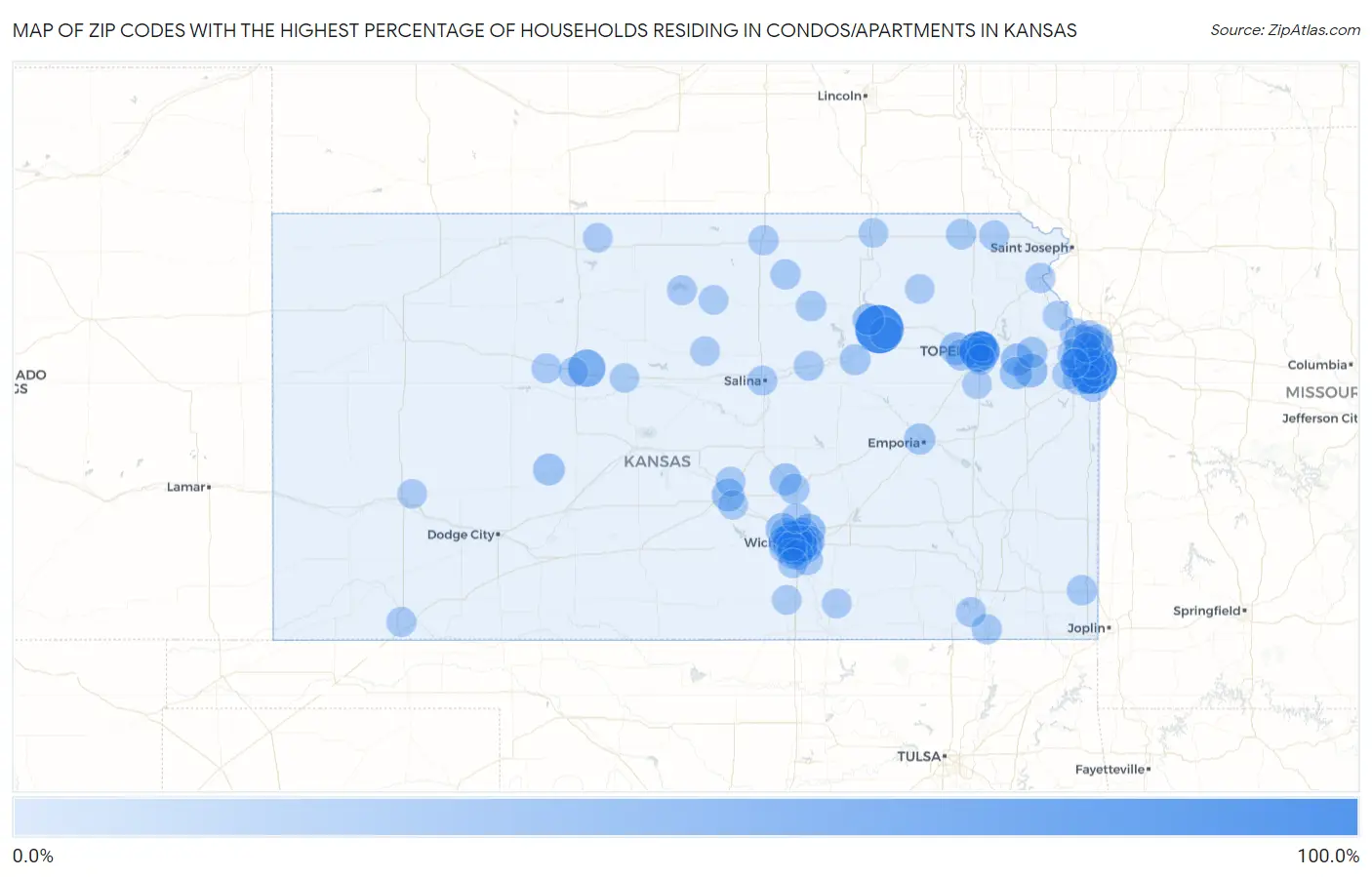 Zip Codes with the Highest Percentage of Households Residing in Condos/Apartments in Kansas Map