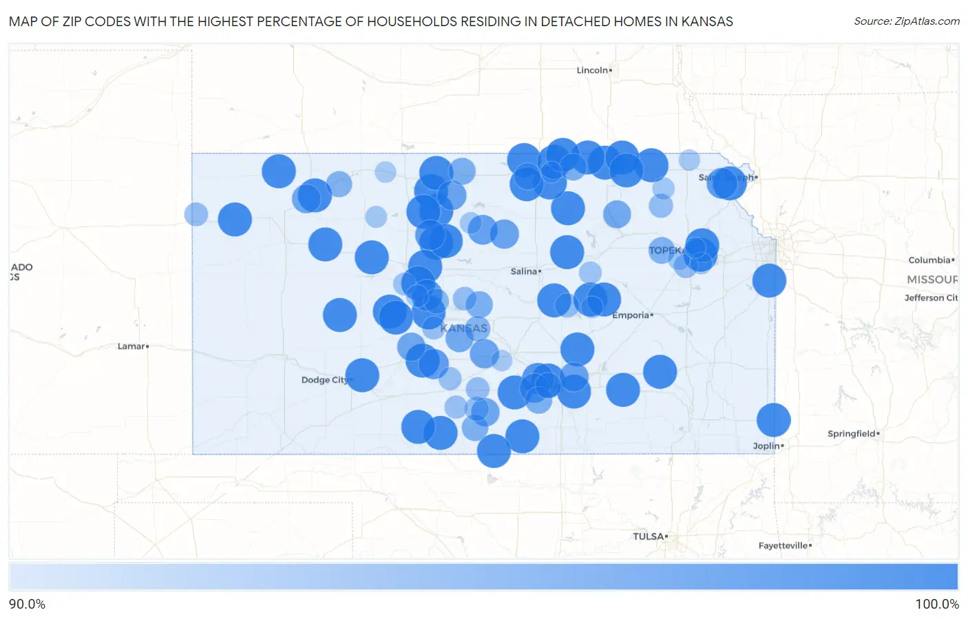 Zip Codes with the Highest Percentage of Households Residing in Detached Homes in Kansas Map