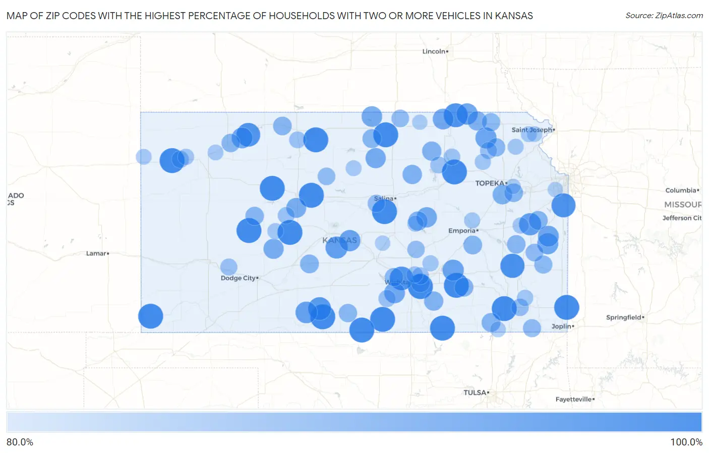 Zip Codes with the Highest Percentage of Households With Two or more Vehicles in Kansas Map