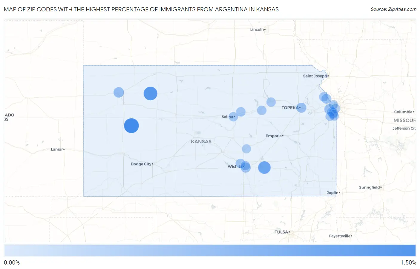 Zip Codes with the Highest Percentage of Immigrants from Argentina in Kansas Map