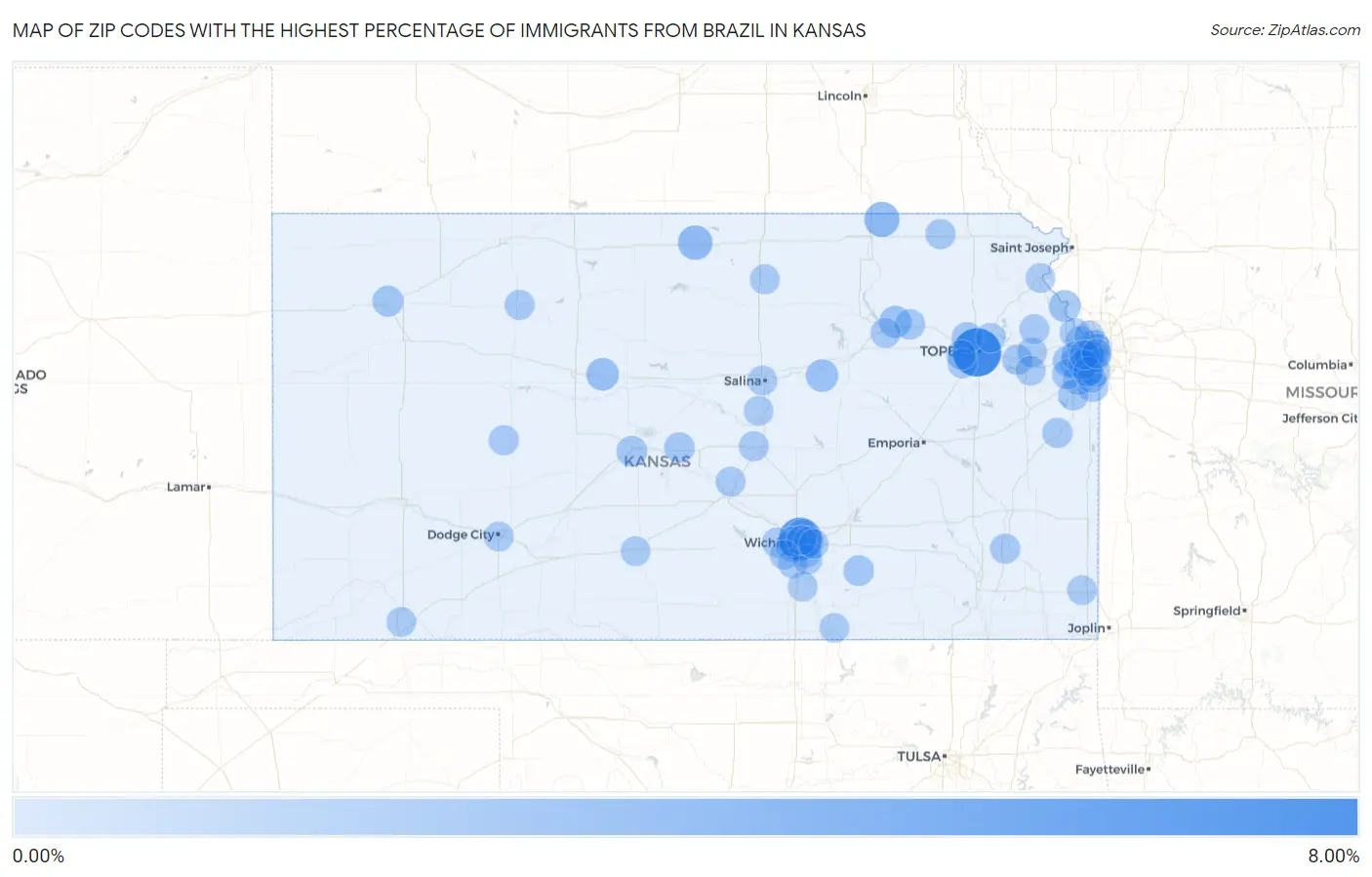 Zip Codes with the Highest Percentage of Immigrants from Brazil in Kansas Map