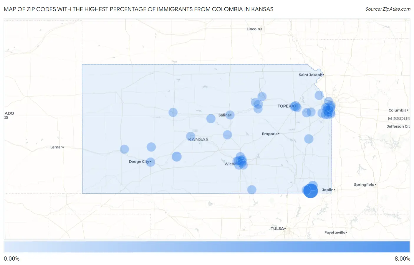 Zip Codes with the Highest Percentage of Immigrants from Colombia in Kansas Map