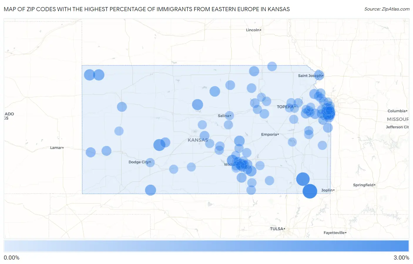 Zip Codes with the Highest Percentage of Immigrants from Eastern Europe in Kansas Map