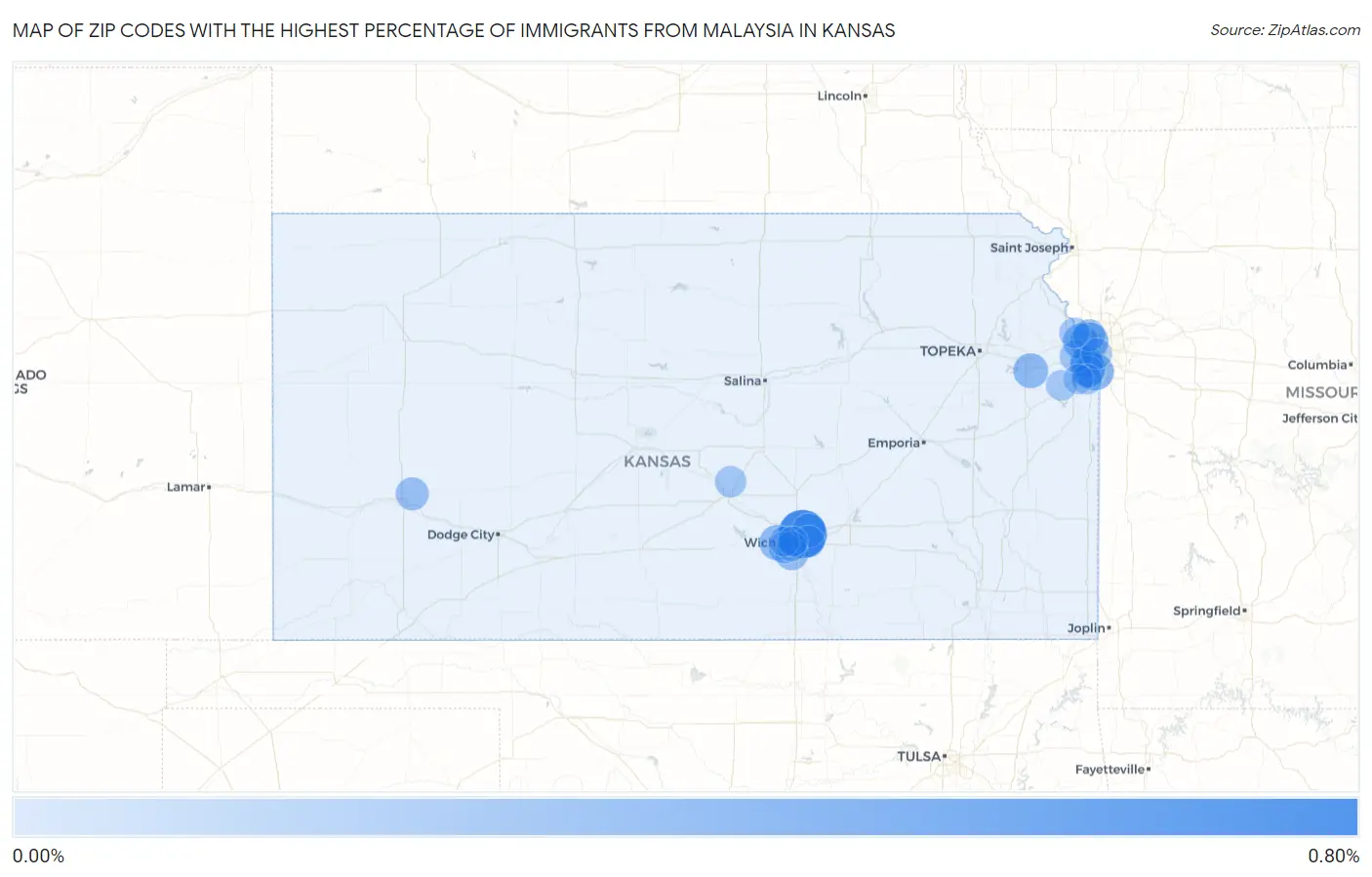 Zip Codes with the Highest Percentage of Immigrants from Malaysia in Kansas Map