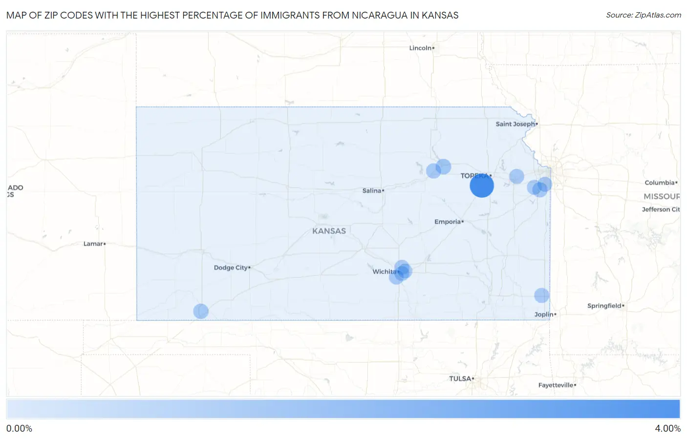 Zip Codes with the Highest Percentage of Immigrants from Nicaragua in Kansas Map