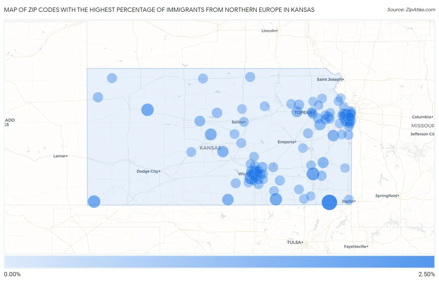 Zip Codes with the Highest Percentage of Immigrants from Northern Europe in Kansas Map