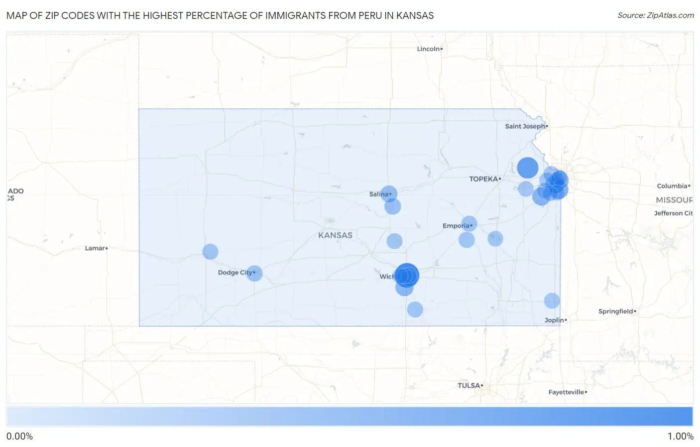 Zip Codes with the Highest Percentage of Immigrants from Peru in Kansas Map