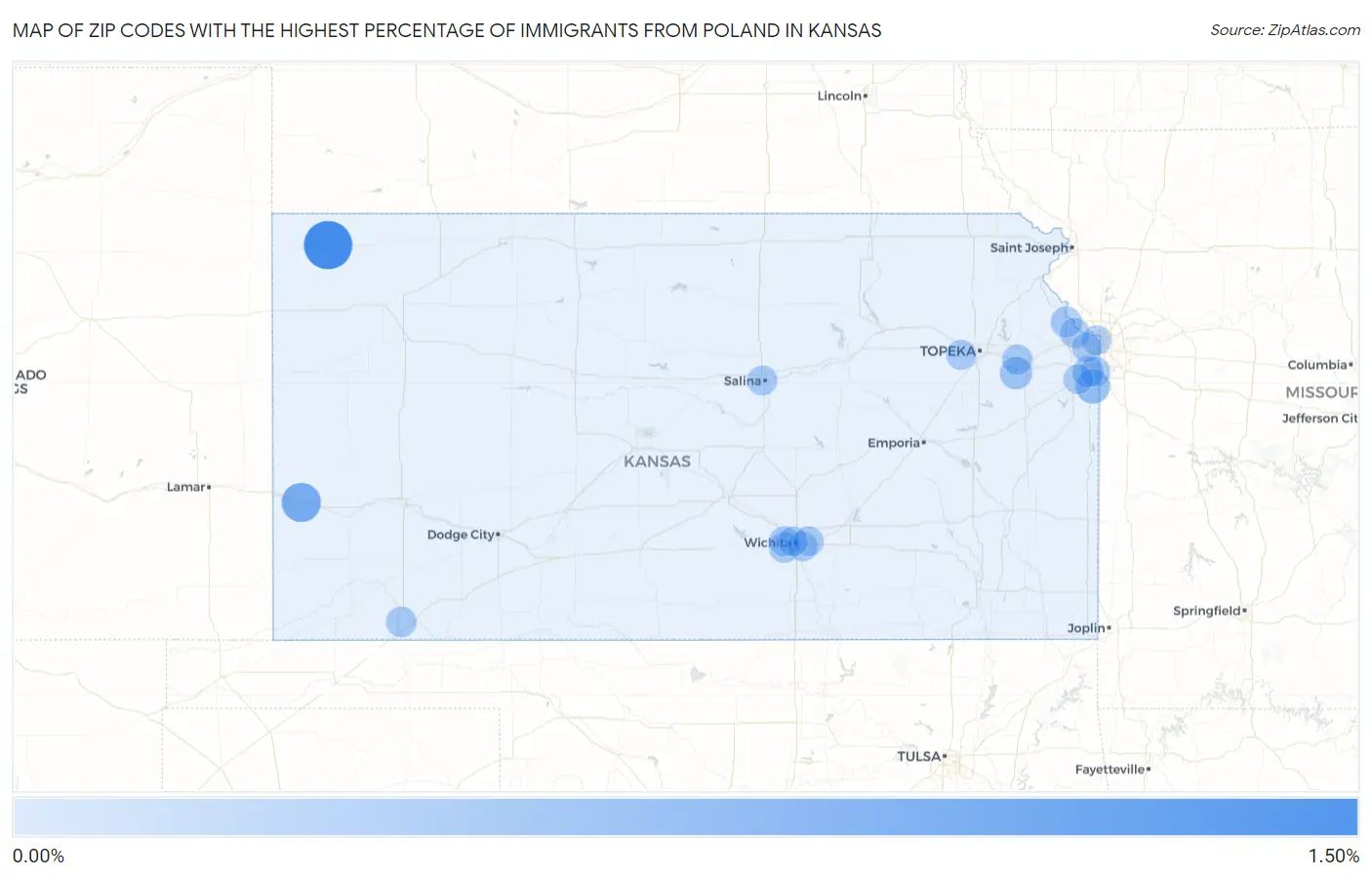 Zip Codes with the Highest Percentage of Immigrants from Poland in Kansas Map