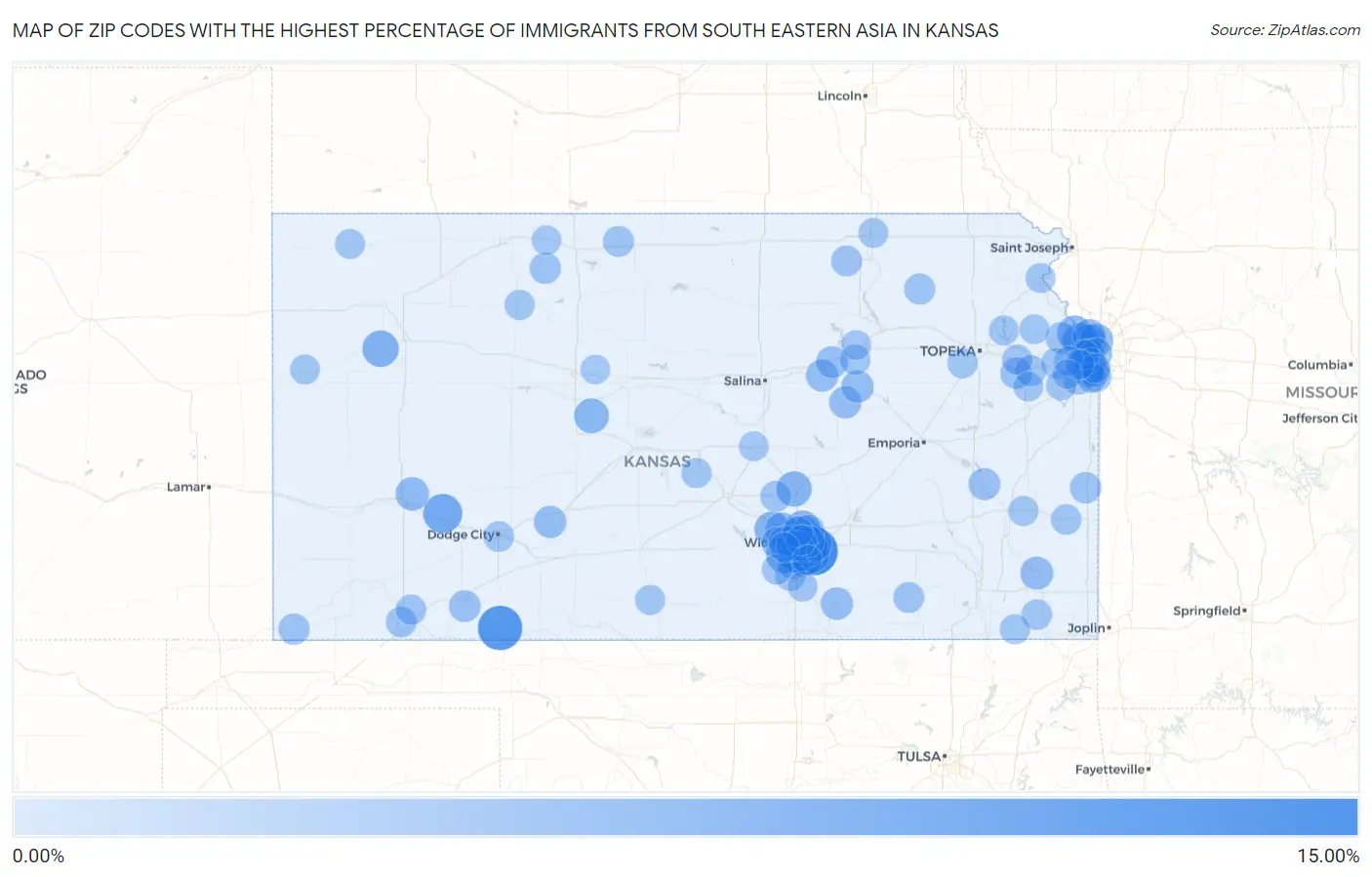 Zip Codes with the Highest Percentage of Immigrants from South Eastern Asia in Kansas Map