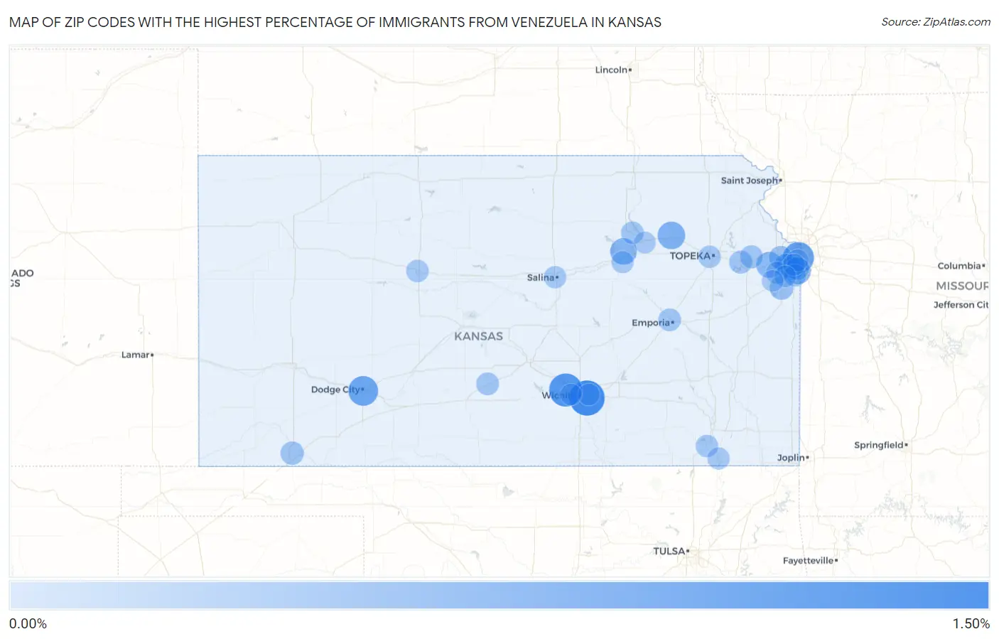 Zip Codes with the Highest Percentage of Immigrants from Venezuela in Kansas Map
