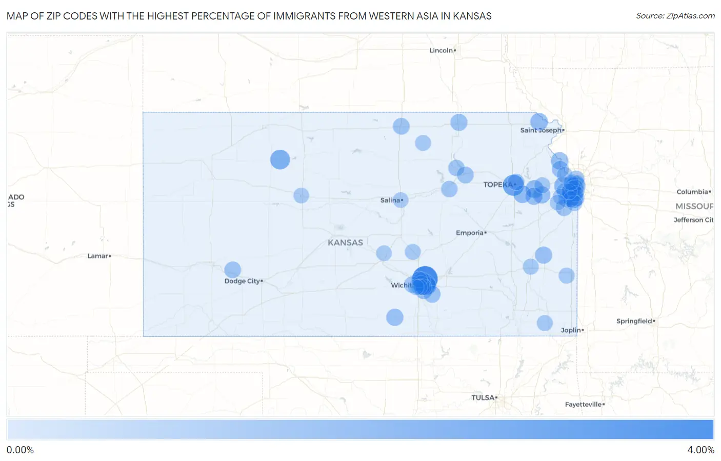 Zip Codes with the Highest Percentage of Immigrants from Western Asia in Kansas Map