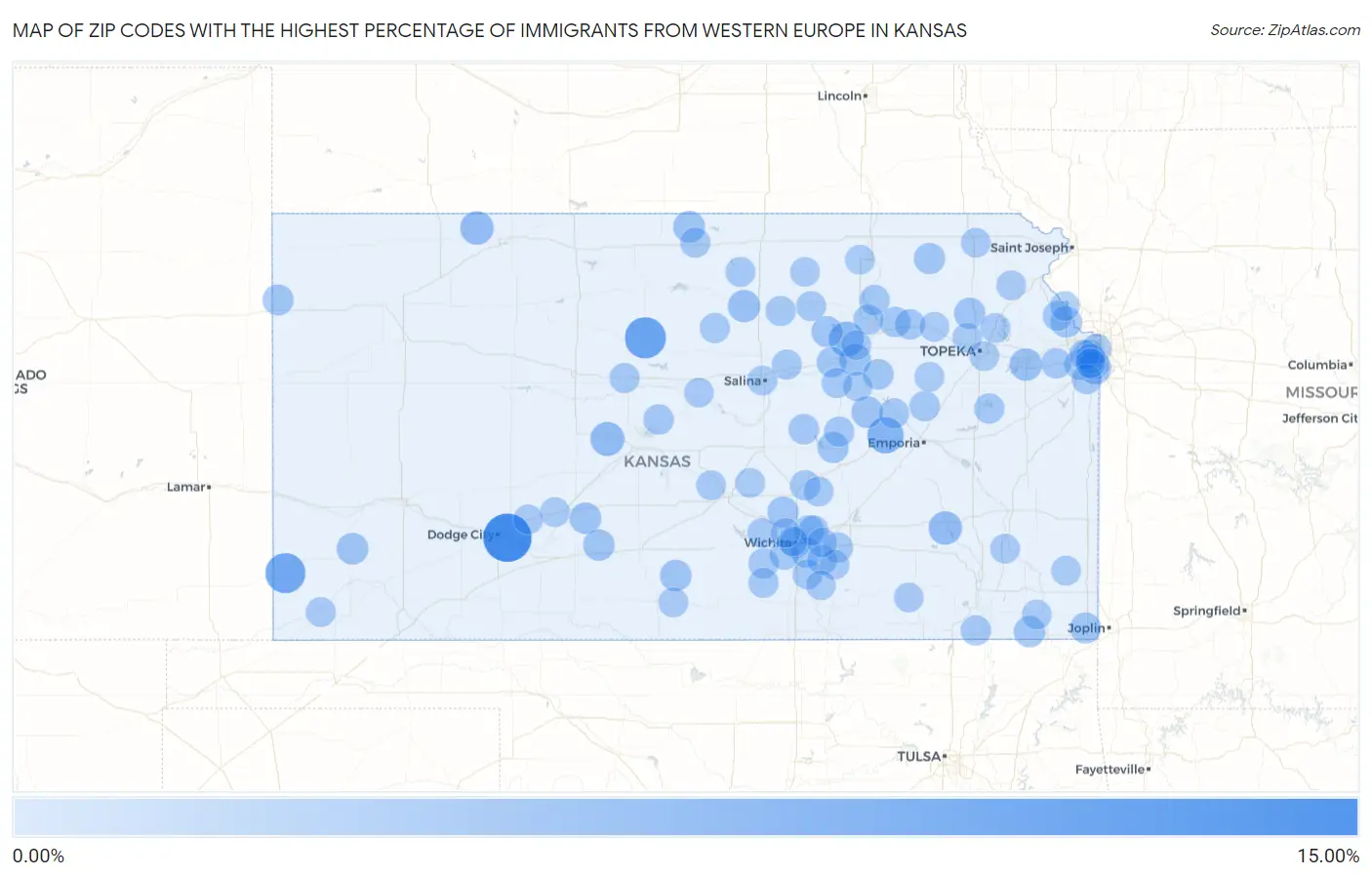 Zip Codes with the Highest Percentage of Immigrants from Western Europe in Kansas Map