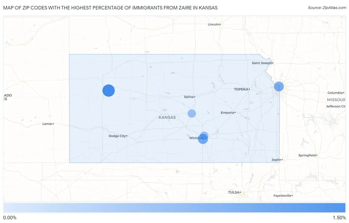Zip Codes with the Highest Percentage of Immigrants from Zaire in Kansas Map