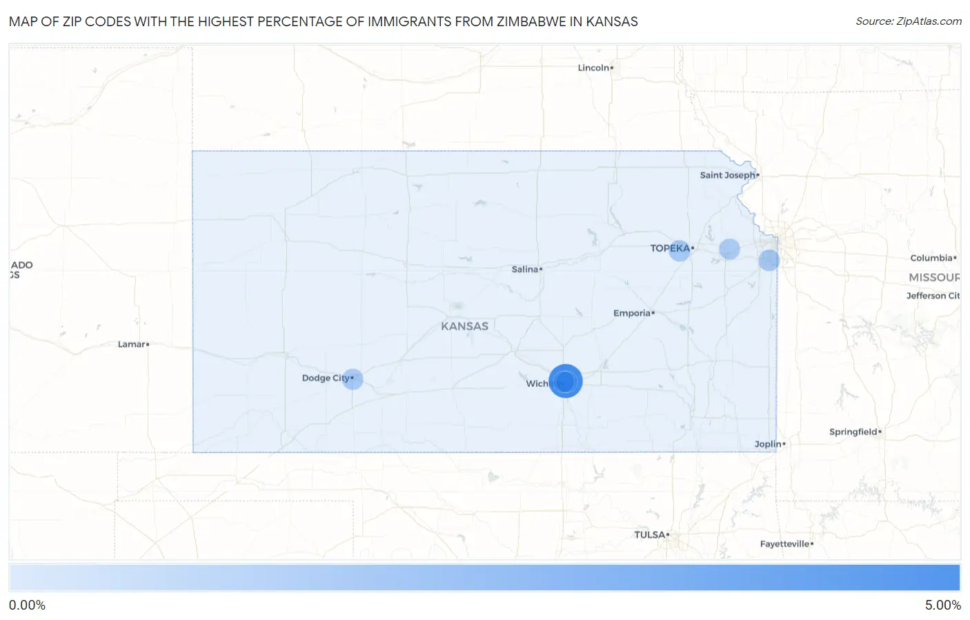 Zip Codes with the Highest Percentage of Immigrants from Zimbabwe in Kansas Map