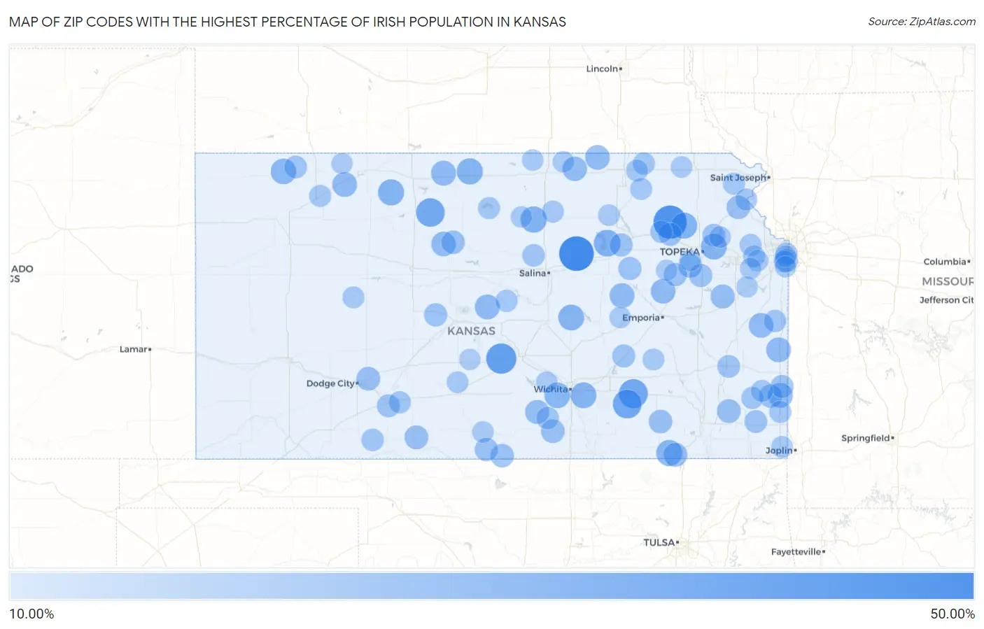 Zip Codes with the Highest Percentage of Irish Population in Kansas Map