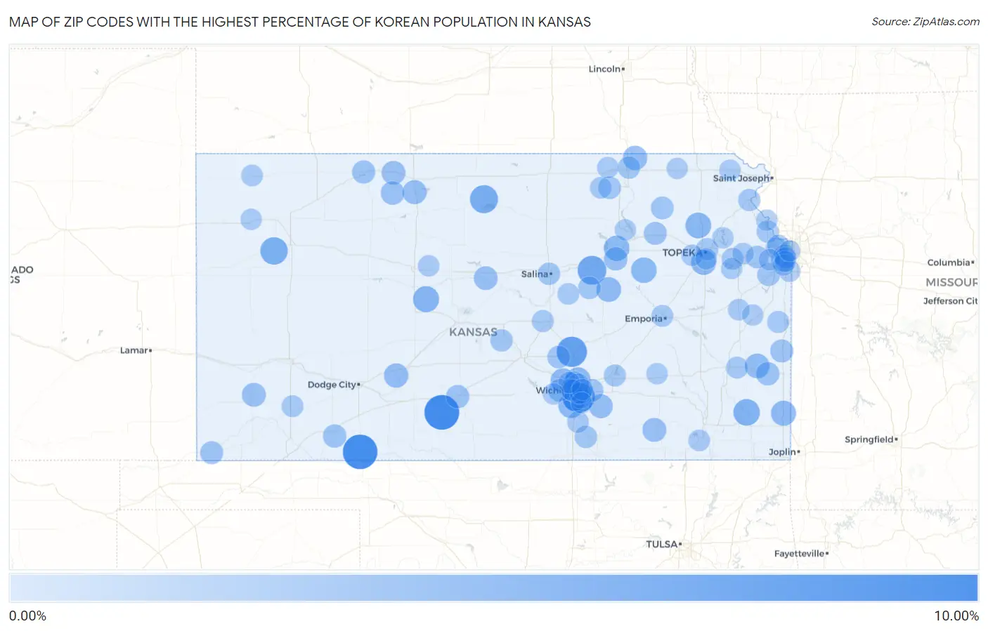 Zip Codes with the Highest Percentage of Korean Population in Kansas Map
