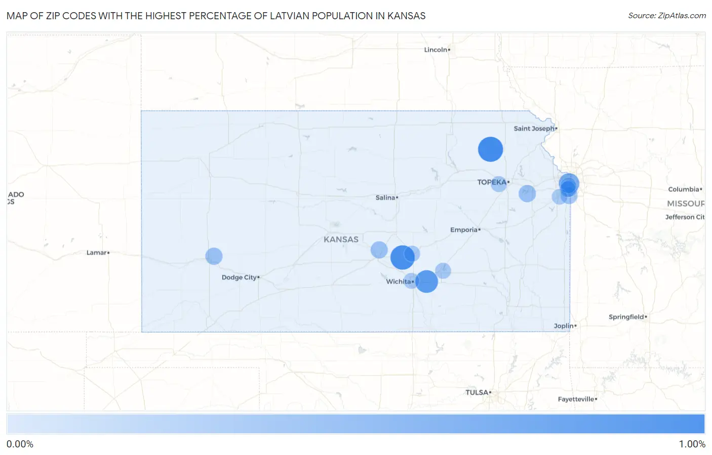 Zip Codes with the Highest Percentage of Latvian Population in Kansas Map