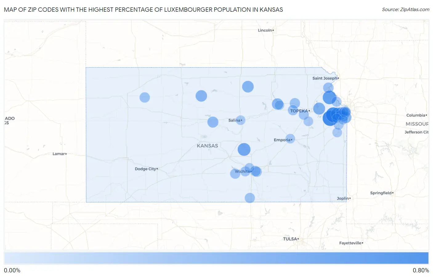 Zip Codes with the Highest Percentage of Luxembourger Population in Kansas Map