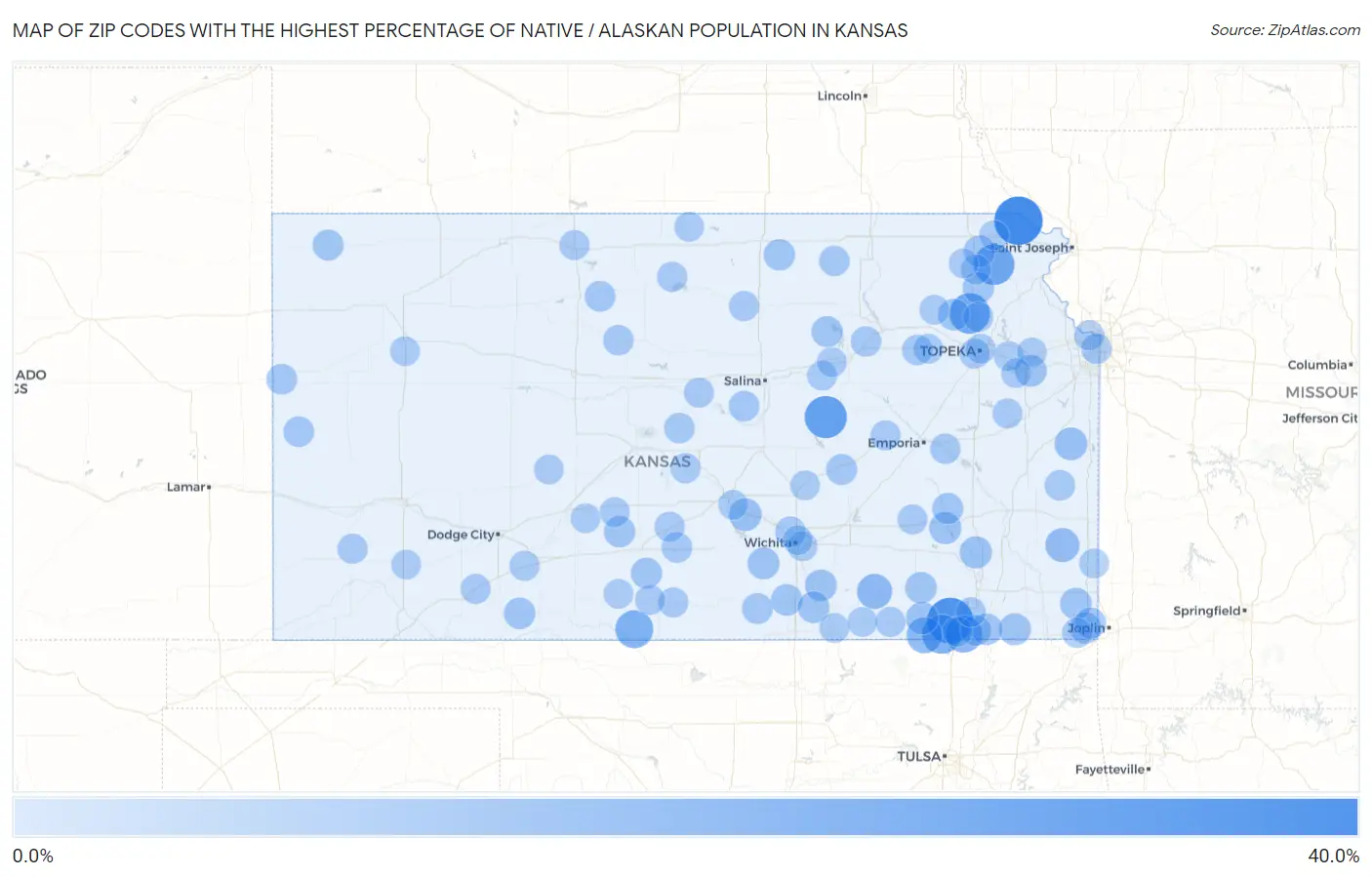 Zip Codes with the Highest Percentage of Native / Alaskan Population in Kansas Map