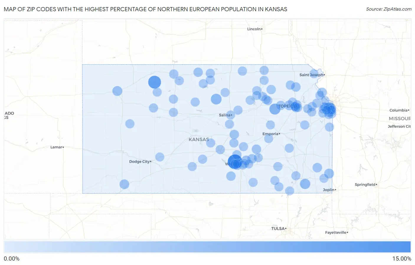 Zip Codes with the Highest Percentage of Northern European Population in Kansas Map